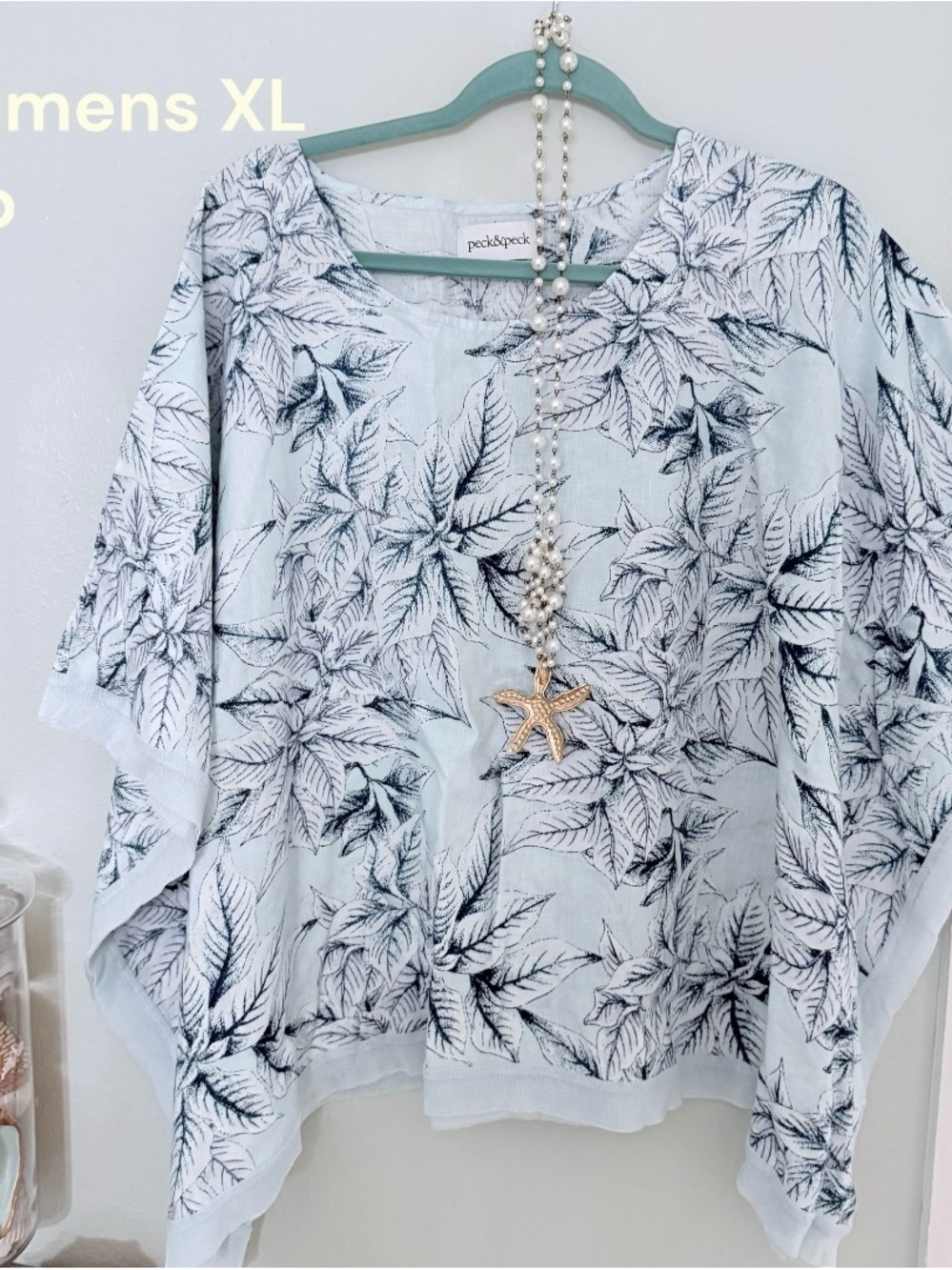 Peck & Peck Womens Top XL blue linen floral tropical batwing short sleeve EUC - Picture 3 of 14